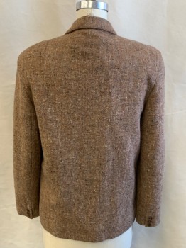 RODIER PARIS, Rust Orange, Brown, Cream, Peach Orange, Taupe, Wool, Leather, Tweed, Notched Lapel, 1 Button Single Breasted, 3 Pckts with Leather Trim