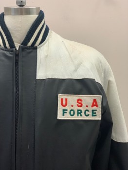 PANDA, Black, Off White, Red, Blue, Leather, Color Blocking, U.S.A. FORCE, L/S, Collar Band, Zip Front, Side Pockets, Multiple Patches, Aged