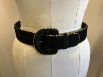 KENDELL & MARCUS, Black Suede with Gold Diagnol Striped Trim, Self Covered Large D-Ring Buckle