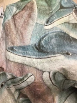 PRIDE PRODUCTS, Assorted Colors, Gray, Cream, Slate Blue, Sea Foam Green, Novelty Pattern, Tyvek Material with Painted Dolphin Heads Pattern, Zip Front, Cream Ribbed Neck, Cuffs & Waistband,