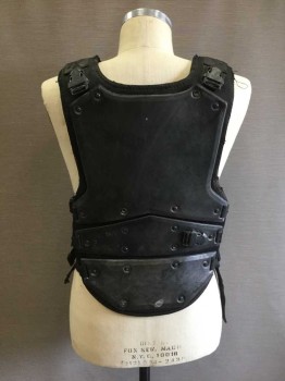 NO LABEL, Black, Polyester, Poly Vinyl Cloride, 3 Buckles On Each Side, Front and Back Padding, Metal Grommets and Nailheads, Shoulder Buckles