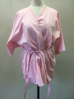 HEALTH GEAR, Pink, Poly/Cotton, Solid, Open Front, Short Sleeves,  Self Belt Attached
