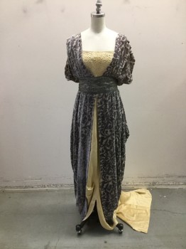 N/L (MTO), Mauve Pink, Champagne, Slate Blue, Gold, Silk, Synthetic, Floral, Mauve Velvet Devore Empire Line Dress with Champagne Satin Under Skirt and Lace Inlay at Neckline, Short Sleeves, Gold and Slate Paisley Brocade Sash at High Waist. Graphite Beaded Detail at Center Back Waist with Short Train at Back. Condition Good. Some Stains on Champagne Satin Underskirt,