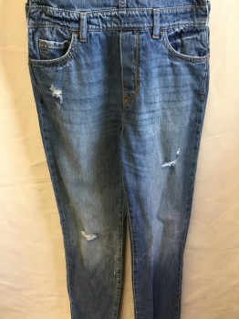 GAP, Blue, Cotton, Solid, Blue Denim, Bib, Brass Button/hooks, Creased Lines, Washed Out,  Holes on  Front Legs