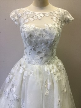 N/L, Cream, Silver, Polyester, Floral, Strapless Boned Bodice Under Round Neck Cap Sleeve Sheer, Peek-a-boo Back, Back Zipper, Full Floor Length Tulle Skirt with Train