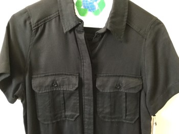 ETIENNE MARCEL, Black, Cotton, Rayon, Solid, Short Sleeves, Collar Attached, Button Front, 5 Pockets,
