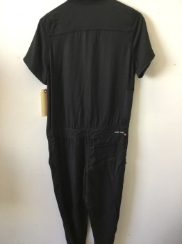 ETIENNE MARCEL, Black, Cotton, Rayon, Solid, Short Sleeves, Collar Attached, Button Front, 5 Pockets,