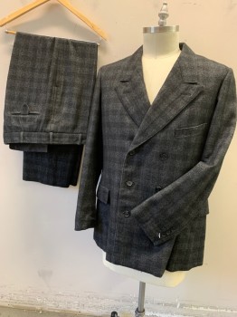 SIAM COSTUMES MTO, Charcoal Gray, Black, Wool, Check , Heathered, Double Breasted, Peaked Lapel, Stiff Soft Wool, 6 Buttons, 3 Pockets, No Back Vent, 4 Button Hole Cuffs with 3 Buttons