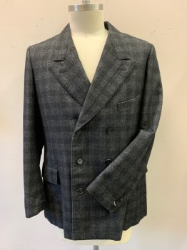 SIAM COSTUMES MTO, Charcoal Gray, Black, Wool, Check , Heathered, Double Breasted, Peaked Lapel, Stiff Soft Wool, 6 Buttons, 3 Pockets, No Back Vent, 4 Button Hole Cuffs with 3 Buttons