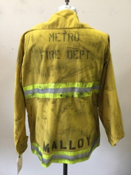 TRANSON MFG, Yellow, Nomex, Solid, Long Sleeves, Velcro Closure, 4 Pockets, 3m Segmented Trim, Aged, "Metro Fire Dept.", "Malloy"