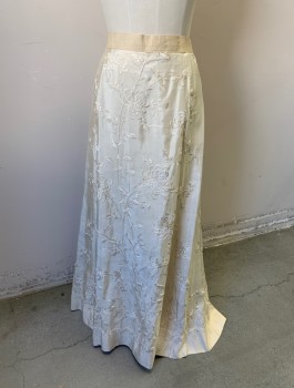N/L, Cream, Silk, Floral, Solid, Self Embroidery, 1" Wide Twill Waistband, 3 Hook & Bar Closures, Floor Length,