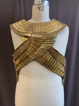MTO, Gold, Metallic/Metal, Leather, Solid, Egyptian, Gold Collar with Falcon Heads, Heads Have Hooks for Attachment, Gold Wings Wrap the Right Side of the Body with a Cobra Snake in the Center. Adjustable Leather Strap at Left Shoulder, Can Be Paired with FC072529