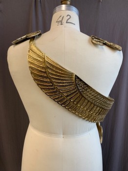 MTO, Gold, Metallic/Metal, Leather, Solid, Egyptian, Gold Collar with Falcon Heads, Heads Have Hooks for Attachment, Gold Wings Wrap the Right Side of the Body with a Cobra Snake in the Center. Adjustable Leather Strap at Left Shoulder, Can Be Paired with FC072529