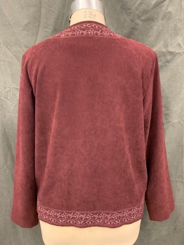 SUSAN GRAVER STYLE, Red Burgundy, Lt Pink, Polyester, Spandex, Solid, Faux Suede Jacket, Light Pink/Silver Floral Embroidery/Trim, Hook & Eye Front, Scoop Neck, Long Sleeves,