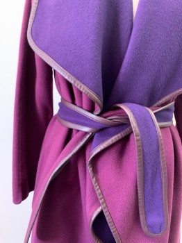N/L, Aubergine Purple, Purple, Cashmere, Color Blocking, Shawl Collar with Purple Turnout, Open Front, Leather Trim, 2 Pockets, Long Sleeves, Self Belt,