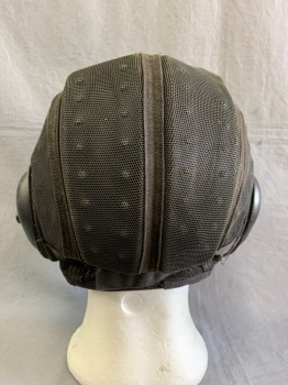 N/L, Faded Black, Patent Leather, Synthetic, Faux Helicopter or Fighter Jet Pilot Helmet, Ear Protection and Visor All Hard Plastic Based on Heavy Net. Right Ear Has Hole for Plugs
