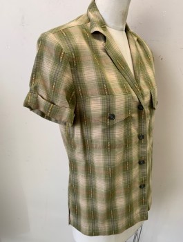 N/L MTO, Olive Green, Sage Green, Beige, Cotton, Plaid, Made To Order, S/S, Button Front, Notched Lapel, Padded Shoulders, Folded Sleeve Cuffs, 2 Patch Pockets with Button Flaps