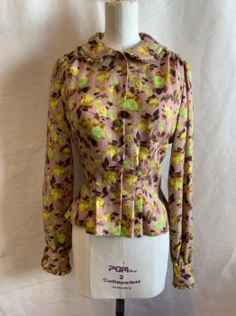 ERIC WINTERLING, Mauve Purple, Yellow, Dk Brown, Lime Green, Polyester, Floral, Peter Pan Collar with Ruffle Trim, Button Front, Pleated Waist, Long Sleeves with Ruffle Trim, Button Cuffs