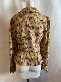ERIC WINTERLING, Mauve Purple, Yellow, Dk Brown, Lime Green, Polyester, Floral, Peter Pan Collar with Ruffle Trim, Button Front, Pleated Waist, Long Sleeves with Ruffle Trim, Button Cuffs