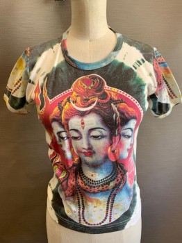 WORK, Multi-color, Cotton, Novelty Pattern, Graphic, Crew Neck, Short Sleeves, Indian Diety on Front and Back