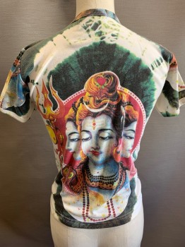 WORK, Multi-color, Cotton, Novelty Pattern, Graphic, Crew Neck, Short Sleeves, Indian Diety on Front and Back