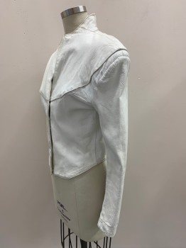 EL VENADO, White, Leather, Nylon, Solid, L/S, Snap Button Front, High Collar, Shoulder Pads