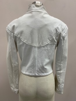 EL VENADO, White, Leather, Nylon, Solid, L/S, Snap Button Front, High Collar, Shoulder Pads