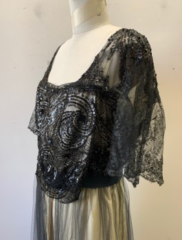 N/L MTO, Black, Cream, Silk, Beaded, Solid, Swirl , Black Sheer Tulle Over Cream Satin, Short Sheer Lace Sleeves, Black Beading and Sequins at Bust, Square Neck, Black Grosgrain 2" Wide Waistband, Ankle Length, Sequinned/Beaded Hem, Made To Order