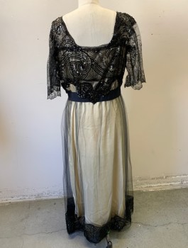 N/L MTO, Black, Cream, Silk, Beaded, Solid, Swirl , Black Sheer Tulle Over Cream Satin, Short Sheer Lace Sleeves, Black Beading and Sequins at Bust, Square Neck, Black Grosgrain 2" Wide Waistband, Ankle Length, Sequinned/Beaded Hem, Made To Order