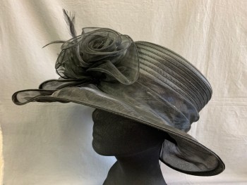 AUGUST, Black, Synthetic, Sheer Brim, Flowers/Bow/Feathers