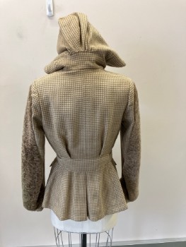 N/L, Cream, Lt Brown, Wool, Faux Fur, Houndstooth, Zip Front , 4pkts With Flaps, Belt, Cuffs, And Collar/Hood. Faux Fur Detail On Sleeves
