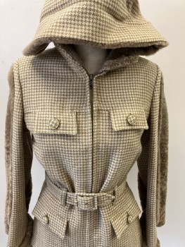 N/L, Cream, Lt Brown, Wool, Faux Fur, Houndstooth, Zip Front , 4pkts With Flaps, Belt, Cuffs, And Collar/Hood. Faux Fur Detail On Sleeves