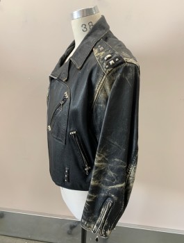 TREVOR, Black, Leather, Solid, Motorcycle, Aged, Silver Studs