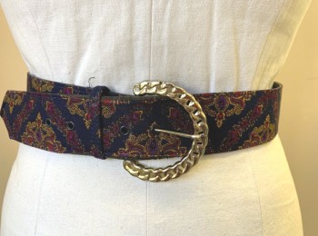 N/L, Midnight Blue, Goldenrod Yellow, Purple, Red, Rayon, Faux Leather, Abstract , Ornate Pattern, Fabric Covered Belt, Gold Metal Buckle, 2" Wide,