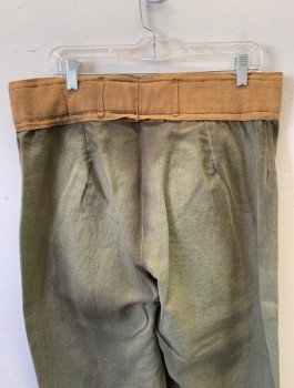 N/L MTO, Olive Green, Brown, Linen, Polyester, Solid, Brown Faux Suede 2.5" Wide Waistband, Lace Up Front, Belt Loops, Aged/Dirty Throughout, Made To Order, Peasant