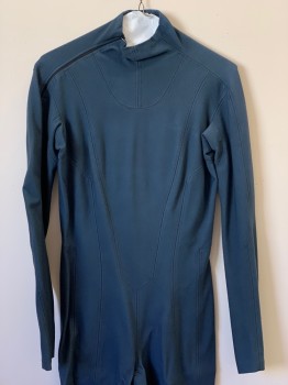 NO LABEL, Dk Blue, Polyester, Spandex, Solid, L/S, High Neck, Side Zipper, Multiple Seams, Beige Stitching, Made To Order,