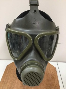 Olive Green, Dk Brown, Rubber, Metallic/Metal, Solid, Army Gas Mask, 1940s