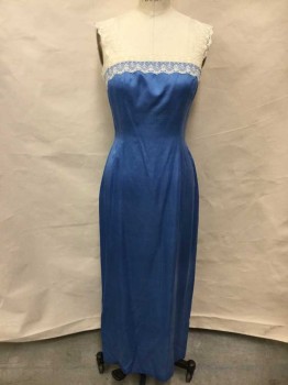 MTO, Cornflower Blue, Ivory White, Silk, Polyester, Solid, Made To Order, Blue Silk Charmeuse, Wide Ivory Polyester Lace, Hooks and Eyes with Snaps Center Back, Has Chantilly Lace Over Dress,