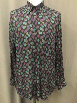L'UOMO By ENRO, Black, Purple, Olive Green, Teal Blue, Rayon, Novelty Pattern, Lemon Shaped Dots, Long Sleeves, Button Front, Collar Attached, 1 Pocket