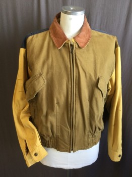 M. JULIAN, Lt Brown, Faded Black, Rust Orange, Mustard Yellow, Cotton, Leather, Color Blocking, Leather Rust Collar Attached, Zip Front,  4 Pockets, Long Sleeves, Shinny Gold Lining, 52" Oversized