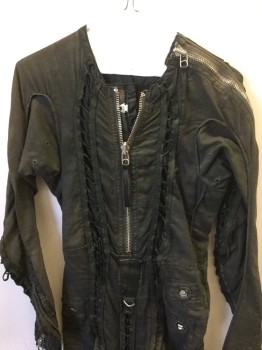 N/L MTO, Dk Olive Grn, Linen, Cotton, Solid, Long Sleeves, Full Body, Oversized Silver Zipper at Front, Other Zippers at Shoulder, Sleeves, Waist. Various Criss Crossed Lace Up Panels Throughout, **Has Multiples