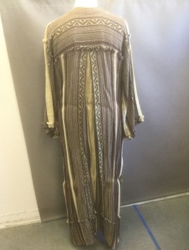 N/L MTO, Beige, Brown, Lt Brown, Cotton, Stripes - Vertical , Geometric, Homespun Cloth, Long Sleeves, Open at Center Front with Self Ties at Chest, Floor Length, Historically Inspired Made To Order