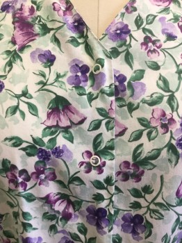 LANDAU, Green, Mint Green, Purple, Aubergine Purple, Poly/Cotton, Floral, Snap Front with Slight V-neck, Dolman Short Sleeves, 2 Pockets