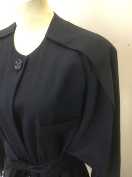 TED LAPIDUS, Black, Wool, Solid, Gabardine, Unusual/Esoteric Design, 1 Button at Neck, with Gap Between Bottom 3 Buttons,  Ankle Length, Dolman Sleeves with Large Pleat Across Shoulder Seam, Padded Shoulders, Round Neck, **Comes with Matching Fabric Belt