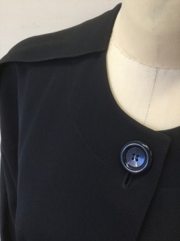TED LAPIDUS, Black, Wool, Solid, Gabardine, Unusual/Esoteric Design, 1 Button at Neck, with Gap Between Bottom 3 Buttons,  Ankle Length, Dolman Sleeves with Large Pleat Across Shoulder Seam, Padded Shoulders, Round Neck, **Comes with Matching Fabric Belt