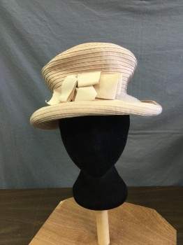 ERIC JAVITS, Lt Pink, Synthetic, Solid, Faille Gross Grain Ribbon, Rolled Brim, Gross Grain Ribbon Bow