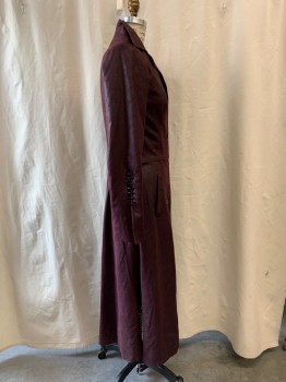 BILL HARGATE, Plum Purple, Faux Leather, Solid, Button Front, Notched Lapel, Collar Attached, 2 Pockets, Black Leather Arm Stitching Detail, Side Slits