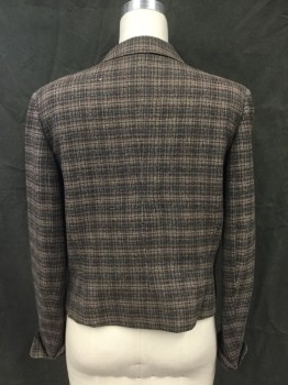 GLADDING'S, Brown, Blue-Gray, Lt Brown, Wool, Tweed, Stripes, Button Front, Rounded Collar, Long Sleeves, Attached Self Ribbon Bows Above Chest, Rolled Back Curved Cuff, *small Hole in Upper Back*
