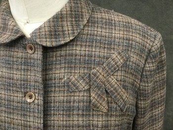 GLADDING'S, Brown, Blue-Gray, Lt Brown, Wool, Tweed, Stripes, Button Front, Rounded Collar, Long Sleeves, Attached Self Ribbon Bows Above Chest, Rolled Back Curved Cuff, *small Hole in Upper Back*
