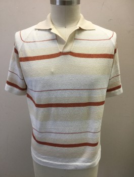 N/L, Cream, Rust Orange, White, Nylon, Stripes - Horizontal , Knit, Short Sleeves, Collar Attached,
